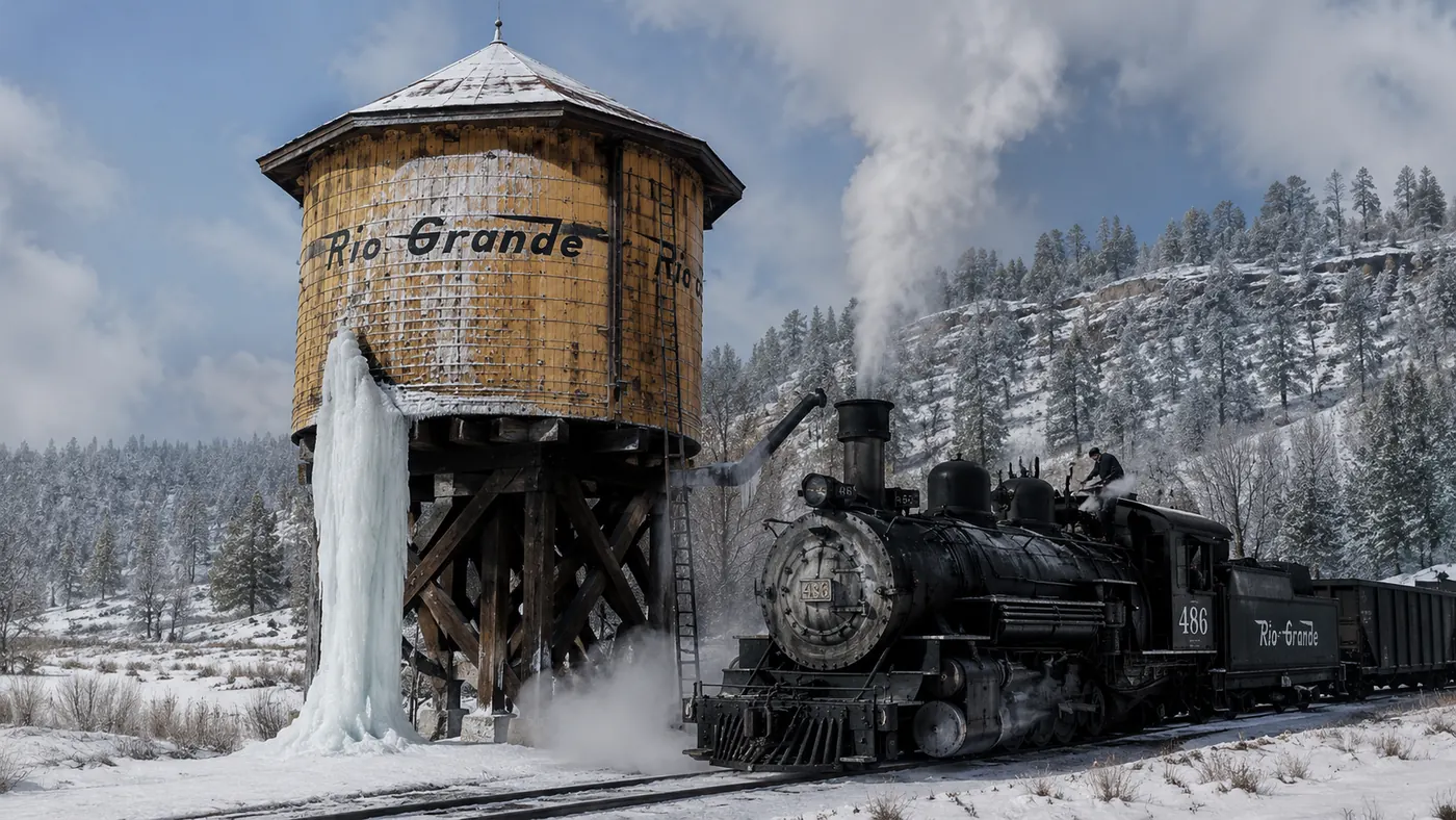 AI-generated illustration of a Denver & Rio Grande narrow-gauge steam train and water tower in a snowy South Fork-area canyon